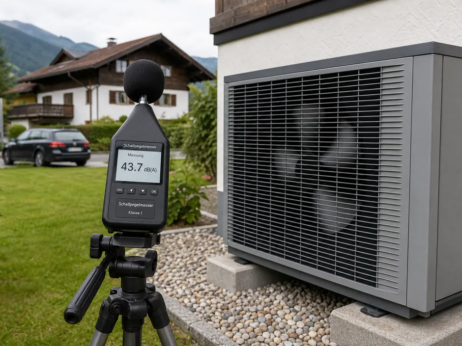 Schallmessgerät auf einem Stativ neben der laufenden Wärmepumpe
