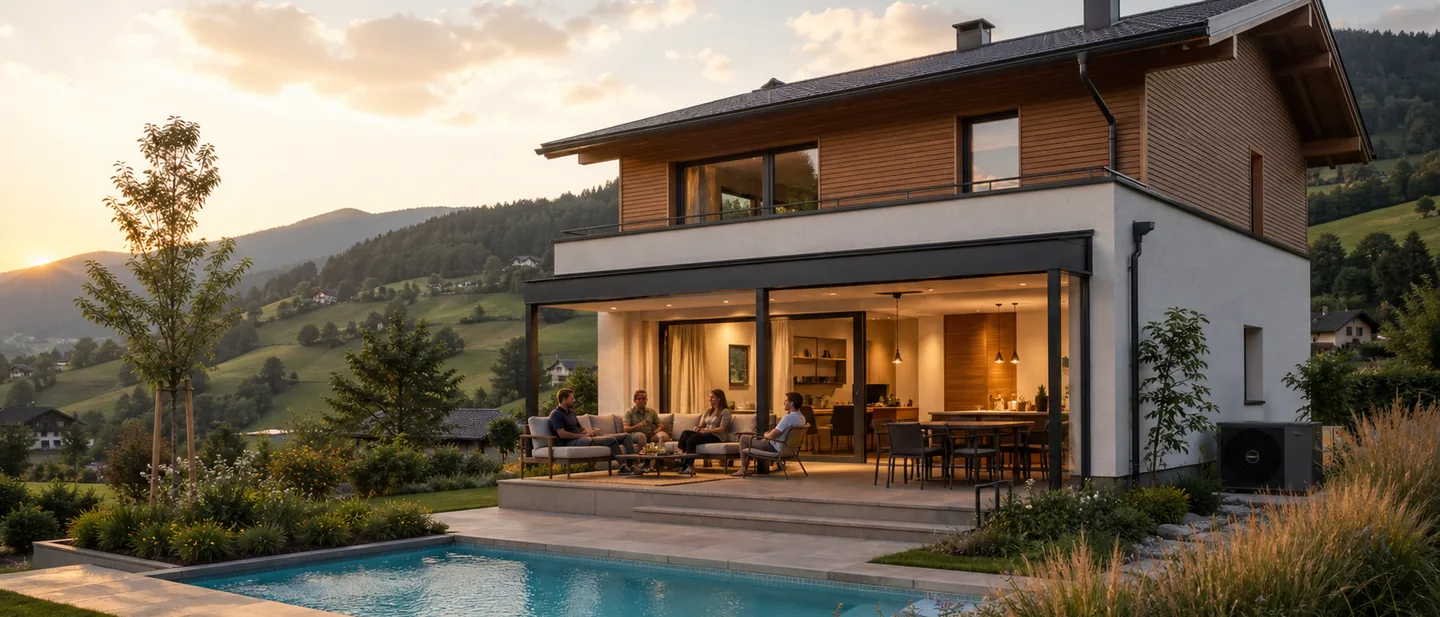 Abendliche Terrasse am Pool, die Wärmepumpe läuft kaum hörbar im Hintergrund